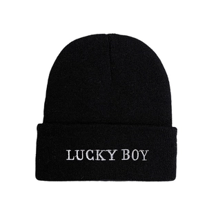 Minimalist black knit beanie with white LUCKY BOY embroidery for men and women