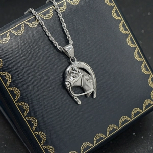 Pendentif fer à cheval et tête de cheval en argent avec chaîne torsadée sur écrin