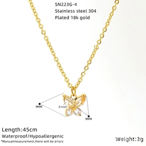 Detailed size and specs for zircon butterfly necklace in 18k gold-plated 304 stainless steel