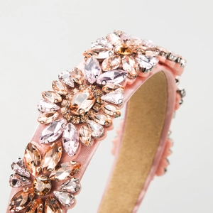 Pink satin headband with sparkling floral rhinestones and non-slip khaki lining