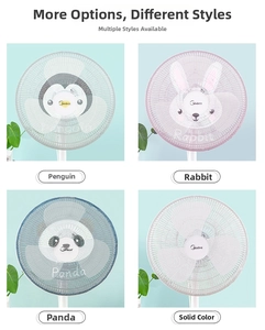 Detailed close-up of mesh fan covers with cute penguin, rabbit, and panda designs