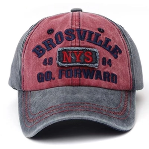 Vintage washed denim baseball cap in burgundy and grey with embroidered patches