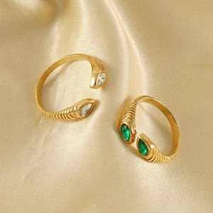 Open Ring 18K Gold Plated Stainless Steel Water Drop Zircon Spiral Threaded Texture Adjustable Finger Jewelry For Women