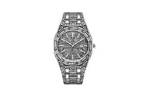 Detailed macro view of silver octagonal watch with ornate Arabic embossed engravings