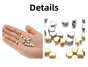 Macro detail of heart-shaped spacer beads in gold and silver plating for DIY jewelry