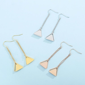 Three pairs of geometric hollow triangle tassel earrings in gold, silver, and rose gold