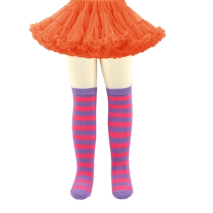 Detail of colorful striped over-the-knee socks and orange mesh tutu skirt for girls