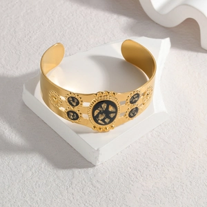 Bracelet jonc en acier doré géométrique en forme de C avec incrustation de pierre noire