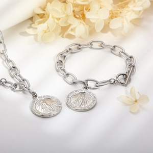 Silver stainless steel chain necklace and bracelet set with religious coin pendants