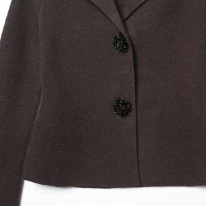 Dark brown knit blazer for women featuring exquisite black floral beaded jewelry buttons