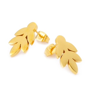 Minimalist gold leaf earrings in polished stainless steel on a clean white background
