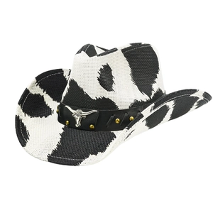 Vintage Western Cowboy Hat Paper Straw Cow Print Wide Brim Sun Protection Metal Bull Head Leather Band Men Women Summer Hat