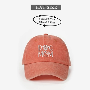 Detailed size chart for red washed cotton baseball cap with DOG MOM embroidery
