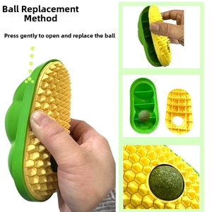Detail showing the avocado cat toy opening mechanism for easy catnip ball replacement