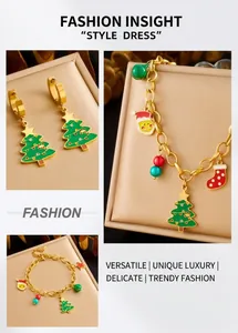 Detailed Christmas jewelry set with enamel tree earrings and a charm bracelet