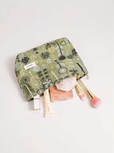 Floral embroidered linen cosmetic bag in grass green with large storage capacity