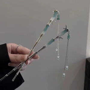 Pic À Cheveux Style Chinois Vintage Nœud De Bambou Pour Femmes Alliage Avec Perle En Faux Jade Pendentif Gland Épingle