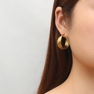 Three-layer gold twisted spiral hoop earrings in polished stainless steel for women