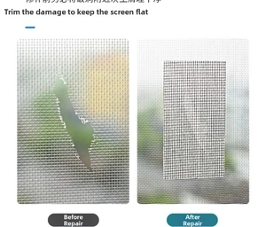 Window screen repair kit before and after comparison showing mesh tape covering the hole
