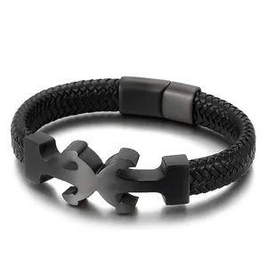 Men Braided Leather Bracelet Stainless Steel Geometric Magnetic Buckle Nautical Style Fashion Wristband