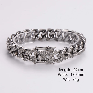 Polished silver cuban link bracelet with sparkling stones, 13.5mm width and 22cm length