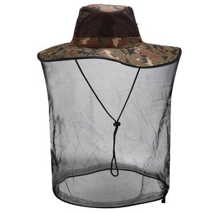 Detail of outdoor camouflage fishing hat with fine mesh net and breathable mesh crown