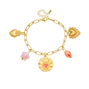 Golden charm bracelet featuring clover, heart and flower pendants on white background