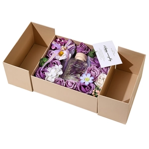 Purple soap flower gift set with 50ml home fragrance in a cream-colored gift box