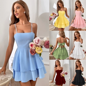 Women Spaghetti Strap Mini Dress Cotton Tiered Layered Backless Big Bow Square Neck Summer Party Sweet Slim Fit