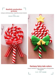 Detailed view of handmade Christmas tree and peppermint swirl ornaments with festive bows