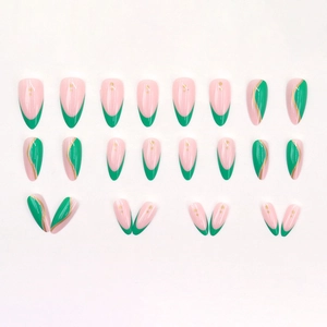 Long almond press-on nails with green waves, gold foil accents and soft pink base colors