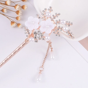 Elegant rose gold flower hair pin with white resin petals and hanging pearl tassels