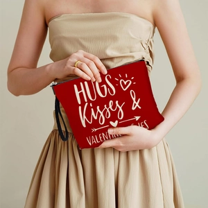 Red Valentine dwarf print cosmetic bag featuring Hugs Kisses and Valentines text design