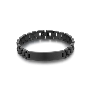 Matte black stainless steel link bracelet with watch strap design on white background