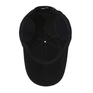 Men's winter baseball cap in black wool with fold-out ear flaps and warm lining