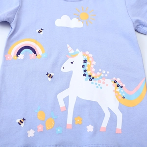 Girls lavender cotton t-shirt featuring unicorn rainbow graphics for summer wear