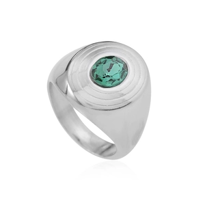 Silver stainless steel ring with a round green gemstone and circular texture on white background