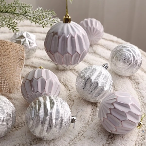 Pink and silver Christmas ornaments with geometric textures on white faux fur background
