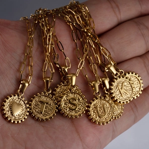 18K gold double layer stainless steel necklace with round letter and heart pendants