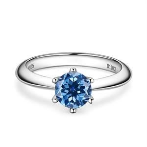 S925 sterling silver ring featuring a 1-carat round blue moissanite in a six-prong setting