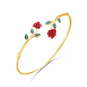 Adjustable golden bangle featuring red enamel rose flowers and green leaves details