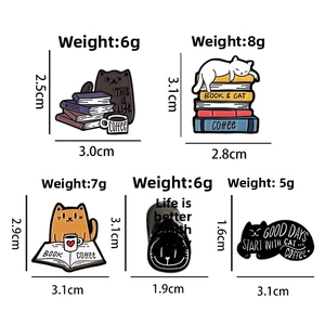 Size guide for various cat book metal enamel pins showing weight and dimensions