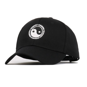 Black cotton baseball cap with embroidered Yin Yang symbol and Swimming text detail