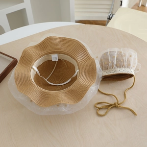 Detail view of girls' straw hat and bag set with lace ribbon and 100% paper material label