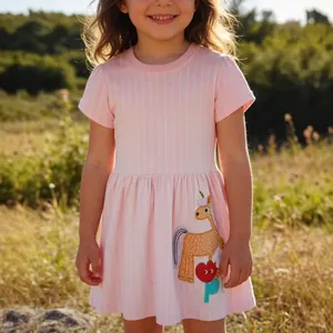 Girls Dress Cotton Short Sleeve Pink Striped Cartoon Unicorn Embroidery Princess Style Summer Casual Outfit