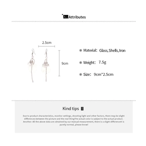 Detailed size and material chart for bohemian glass bead and shell flower tassel earrings