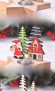 Macro shot of wooden Christmas candle holder with Santa, trees, and metal tea light slot