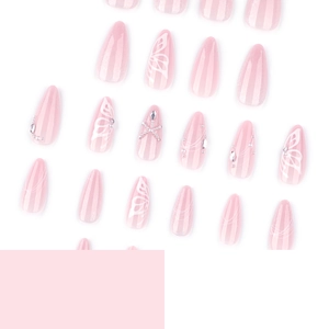 Pink cat eye press-on nails set with butterfly patterns and pearl rhinestone accents