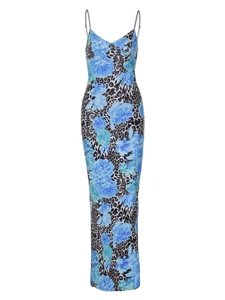 Robe longue d'été moulante pour femme avec imprimé léopard à fleurs bleues et bretelles