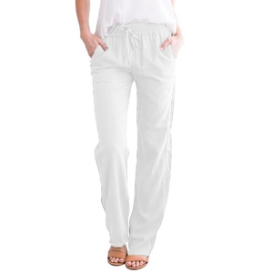 Détail du pantalon blanc en coton et lin pour femme avec cordon de serrage à la taille